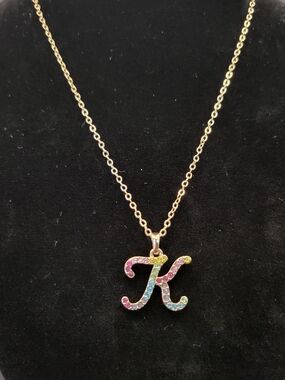 Gold Tone Initial 'K' Necklace with Multicolor Stones